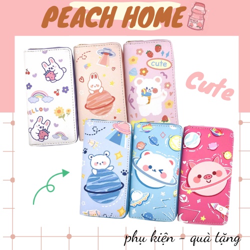 Ví Da PU Dáng Dài Khóa Kéo Nhiều Ngăn Cầm Tay Họa Tiết Cute Nhiều Màu Xinh Xắn Bóp Cho Nữ Đáng Yêu Khủng Long Gấu Thỏ