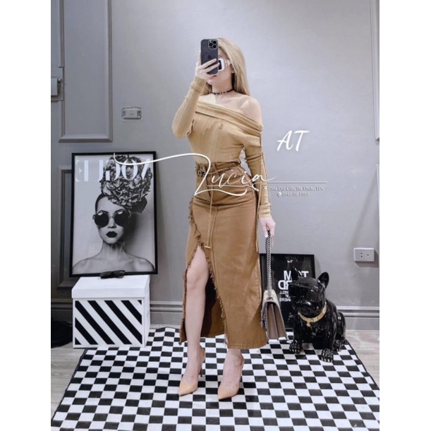 Chân váy jeans xẻ đai xích chữ hàng QCL1