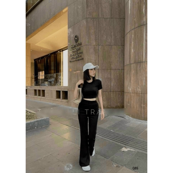 Sale Lớn Sét Thun Gân Áo Croptop Quần Dài Ống Rộng Siêu HOT Trend UP
