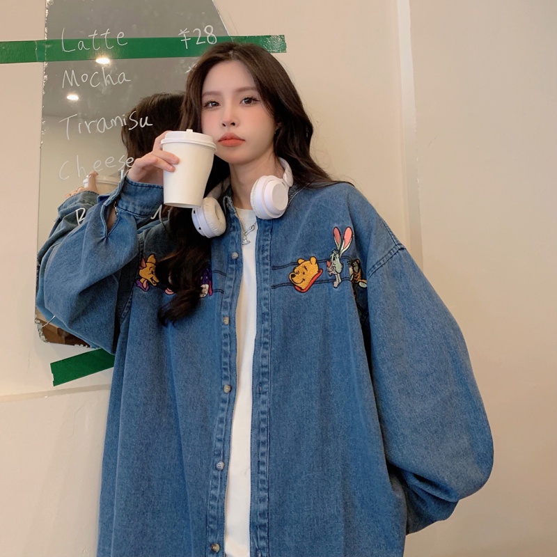 ZHELIHANGFEI Áo Sơ Mi Denim Họa Tiết Thêu Theo Phong Cách Retro Mỹ Dễ Phối Đồ