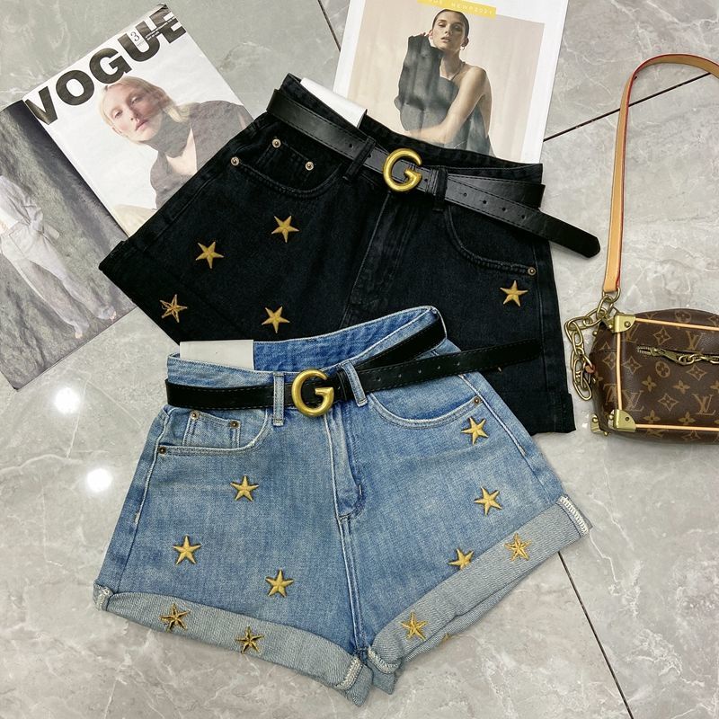 Jiashucheng Quần Short Denim Lưng Cao Dáng Rộng Thêu Họa Tiết Ngôi Sao Năm Cánh Màu Sắc Nhạt Thời Trang Mùa Hè Cho Nữ