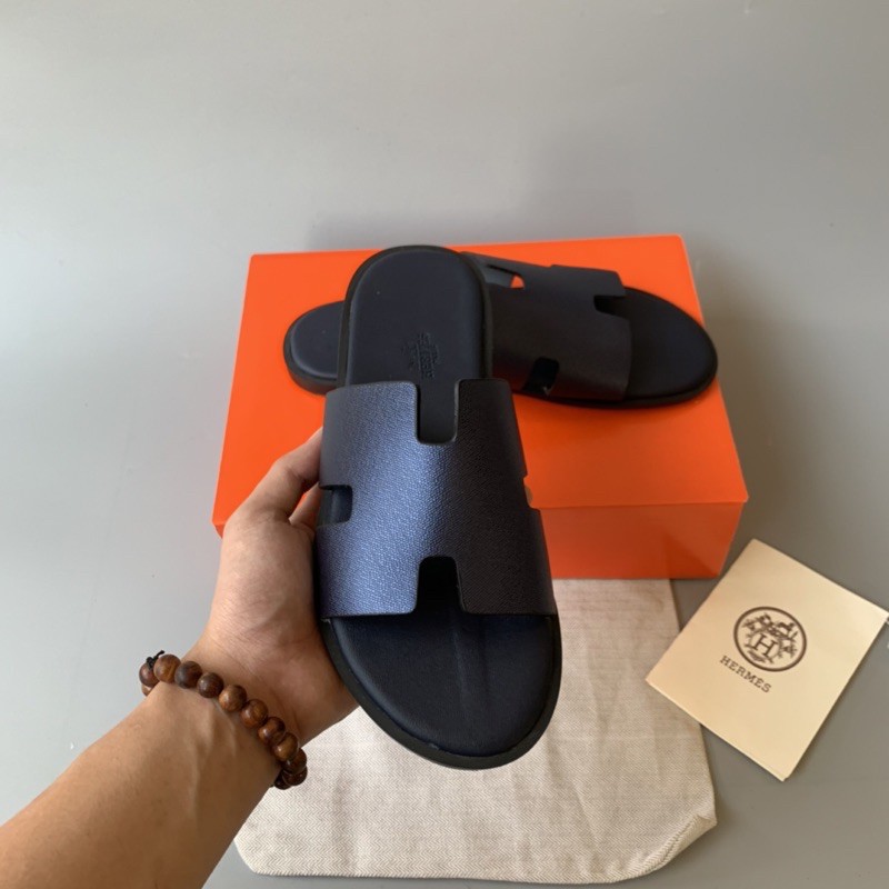 Dép Chữ H Quai Ngang Da Bò Mềm In Logo HM, Dép Hermes Nam Bản Quai Đen Mặt Đế Màu Cam