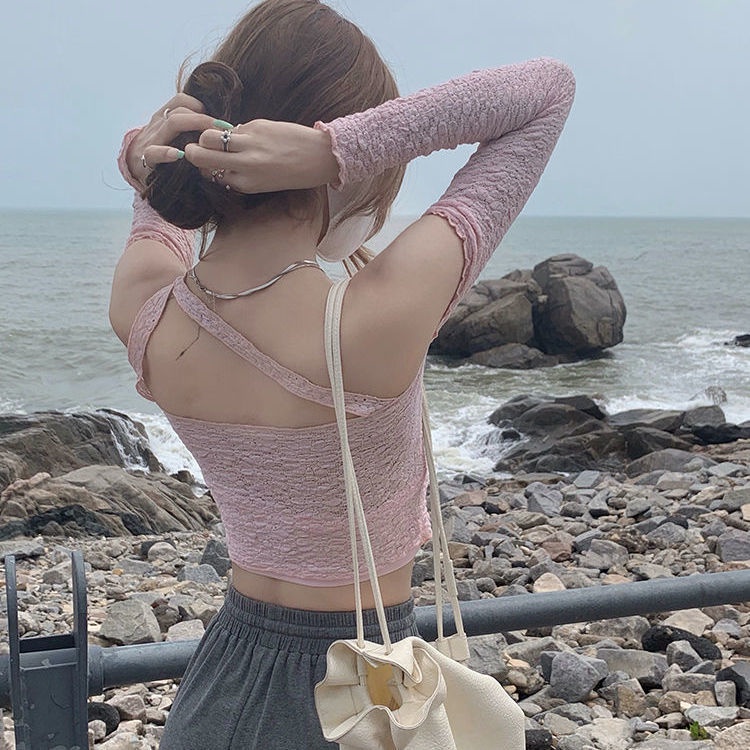 Áo kiểu croptop COZOKC chiffon cổ vạt chéo ôm dáng chống nắng thời trang