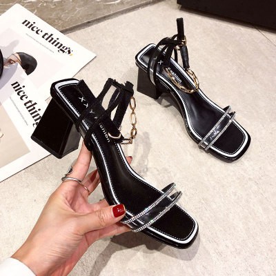 Sandal đính đá quai ngang 2 quai đế vuông 7 phân hàng cao cấp