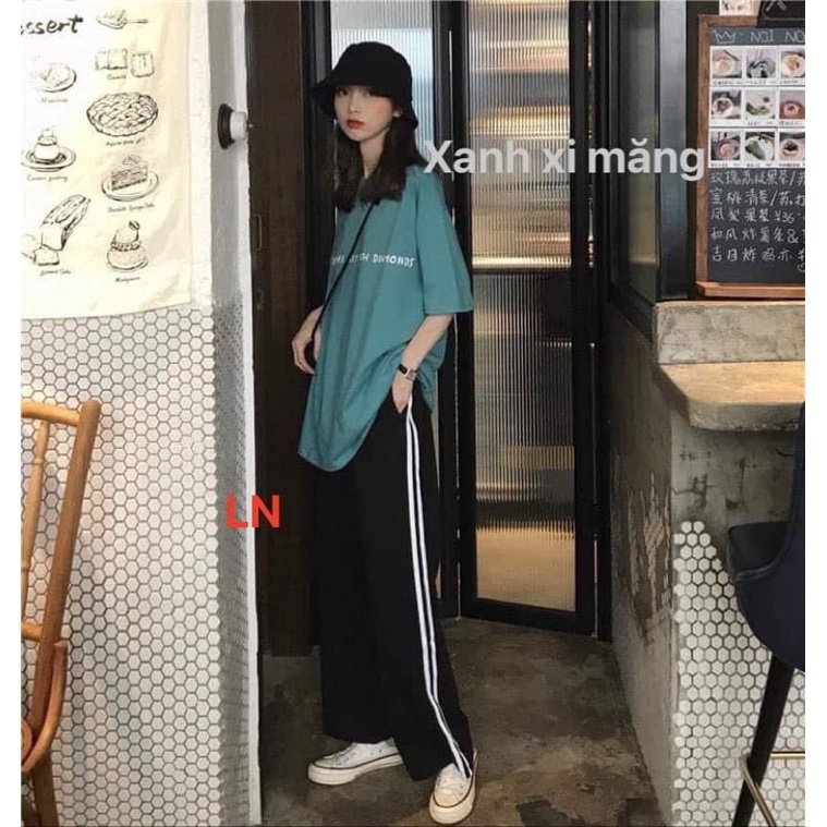 Sét áo dòng chữ + quần ống rộng 3 sọc TH6