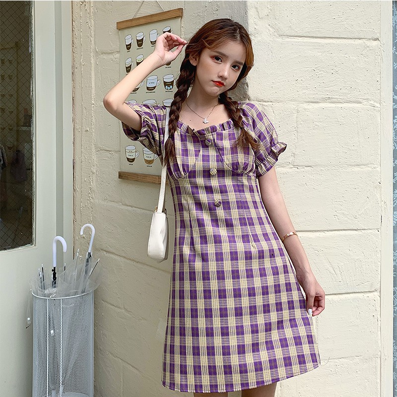 Đầm Nữ Tay Ngắn Cổ Vuông Họa Tiết Caro Thời Trang | BigBuy360 - bigbuy360.vn