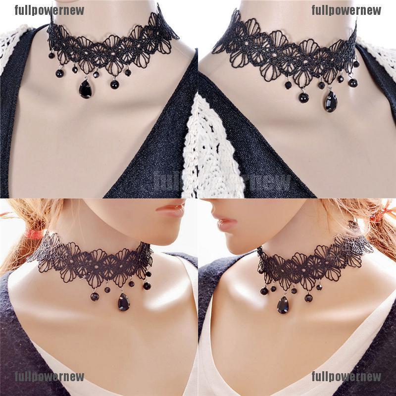 Vòng cổ choker làm bằng vải ren màu đen đính đá cổ điển