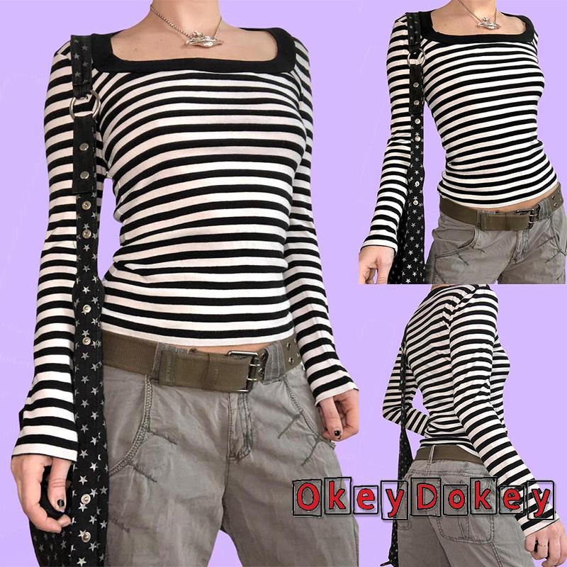 Áo thun tay dài cổ vuông họa tiết kẻ sọc thời trang cho nữ