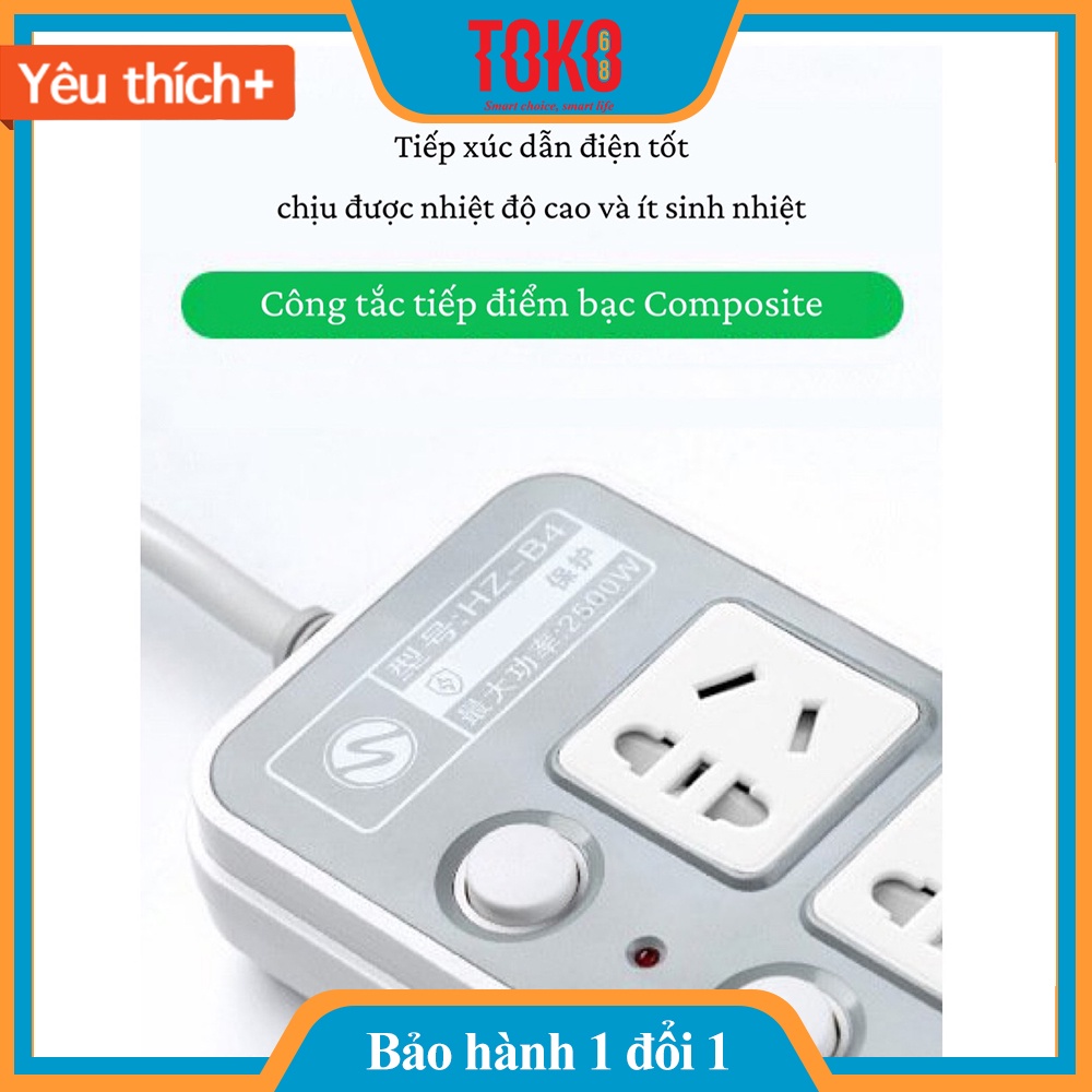 Ổ cắm điện đa năng thông minh tiết kiệm điện dây dài 1,8 -2,8m 2 cổng USB chịu tải 2500W