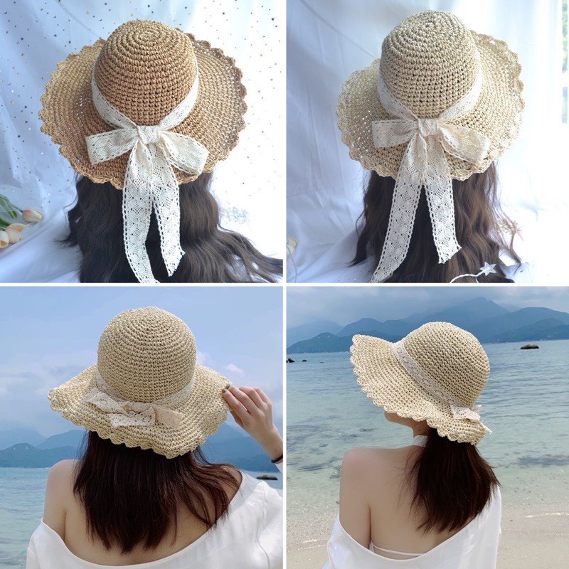 Nón cói, mũ cói mềm móc tay dây ren nơ phong cách XUKA DRESS