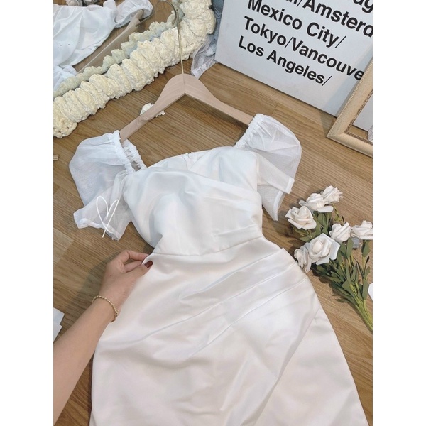 ĐẦM CHÉO NGỰC XẾP LY TAY TƠ TRẮNG