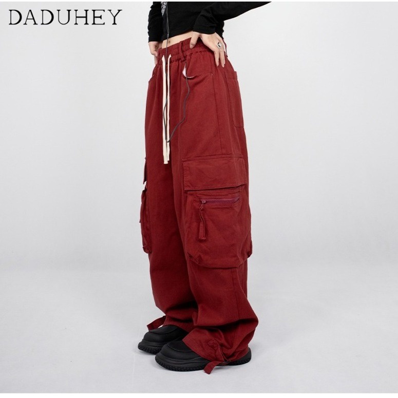 DaDuHey Men's and Women's 2022 Autumn Trend Multi-Pocket Cargo Pants Fashion Brand Red and Black Couple Loose Casual Pants