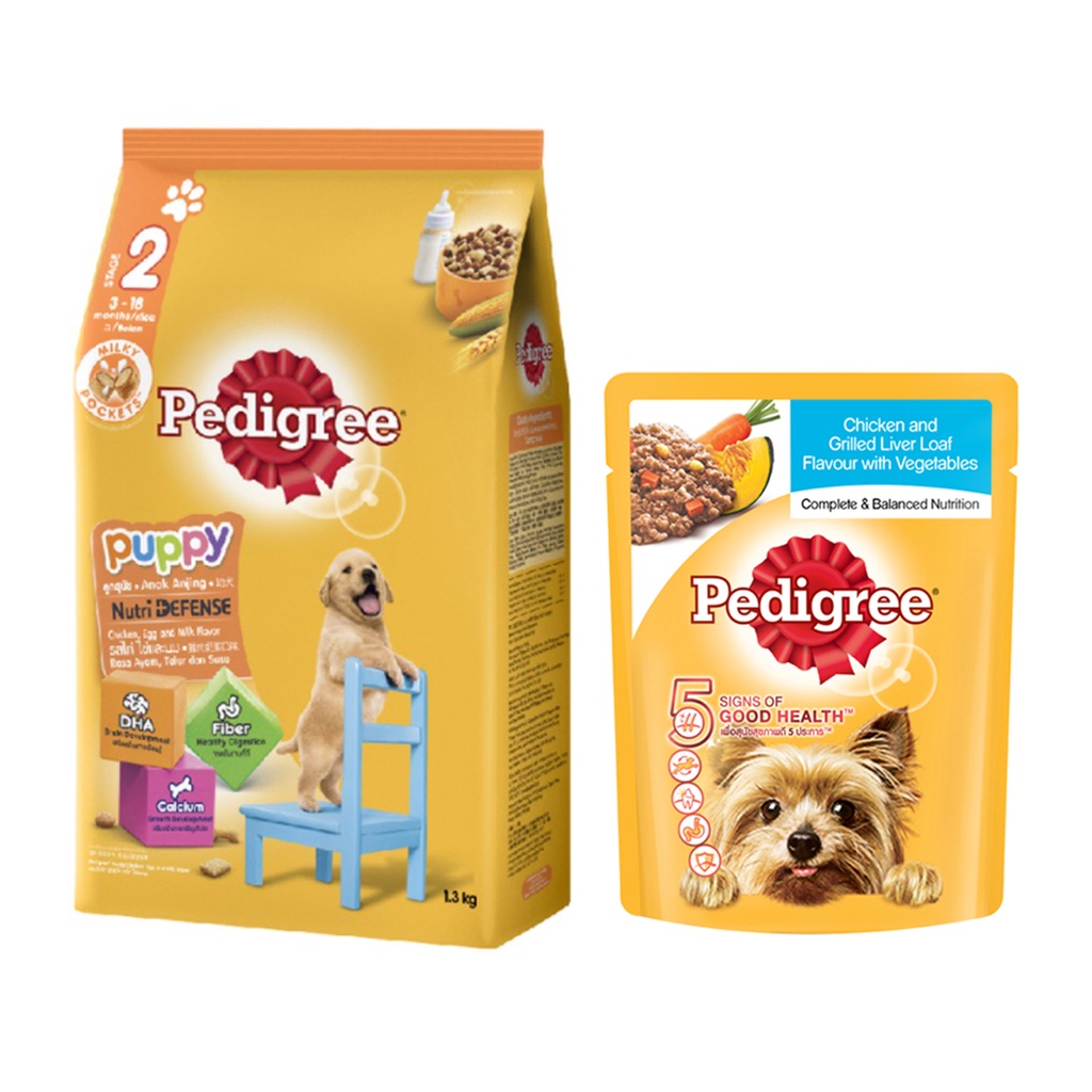 Combo Thức ăn chó con Pedigree vị gà &amp; trứng túi 1.3kg + 6 túi Sốt chó con 80g vị gà gan