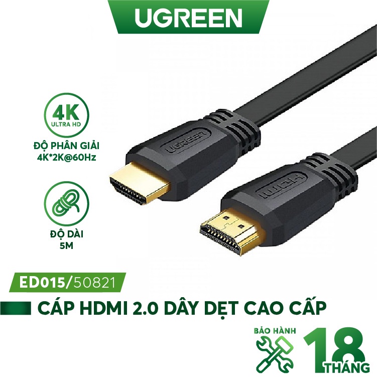 Cáp HDMI 2.0 dẹt dài 5M Ugreen 50821