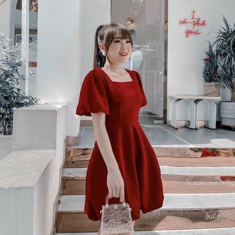 Đầm đỏ tùng bầu tròn (kèm hình thật)