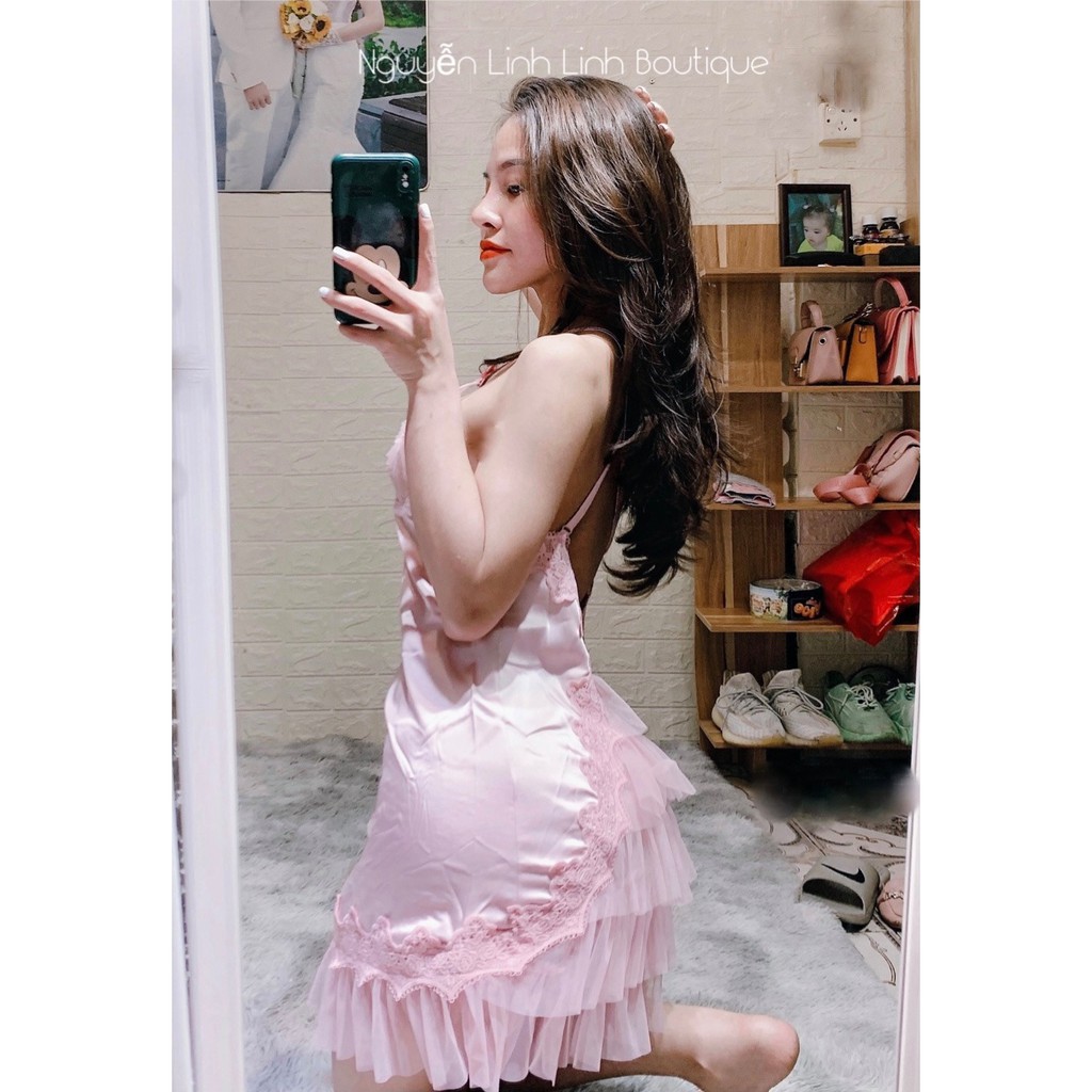 Váy ngủ hai dây  Cúp Ngực lụa satin sexy cao cấp Đầm mặc nhà gợi cảm quyến rũ
