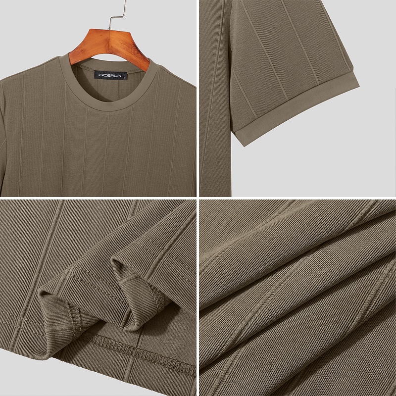 Áo thun INCERUN ngắn tay cổ tròn họa tiết kẻ sọc 3 màu tùy chọn thời trang cho nam