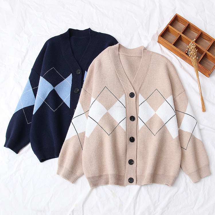 Áo khoác cardigan LOZADO áo khoác len dáng dài form rộng kẻ sọc chéo kim cương - A175