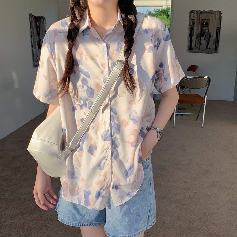 Áo sơ mi SUXI tay ngắn dáng rộng in họa tiết thời trang mùa hè trẻ trung cho nữ