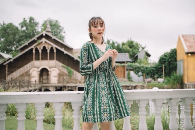 Đầm thiết kế thổ cẩm babydoll rút eo- Váy họa tiết vinatge du mục boho du lịch đi dạo chụp hình