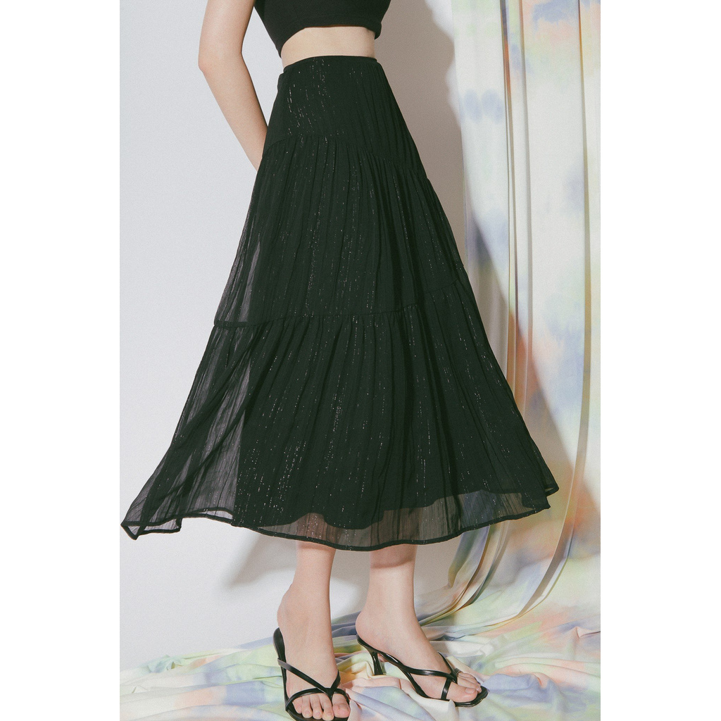 Chân váy dài vải kim tuyến màu đen có nhún thun trên thân  | BigBuy360 - bigbuy360.vn