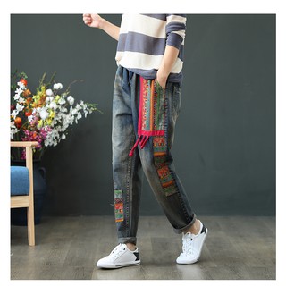 Quần Jeans Dài Nữ Chắp Vá Thổ Cẩm