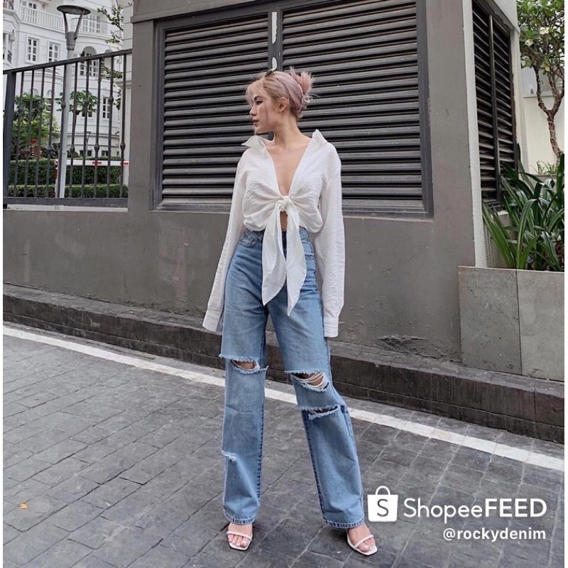 Quần Peach Jeans Rách Ngẫu Hứng Rocky Denim
