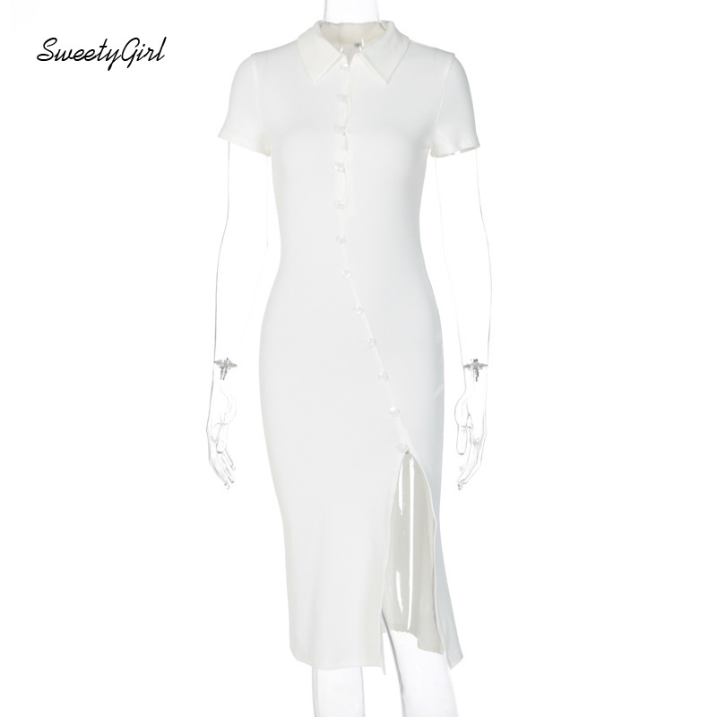 Đầm Sườn Xám Tay Ngắn Cổ Bẻ Cài Nút Màu Trơn Thanh Lịch Thời Trang Cho Nữ