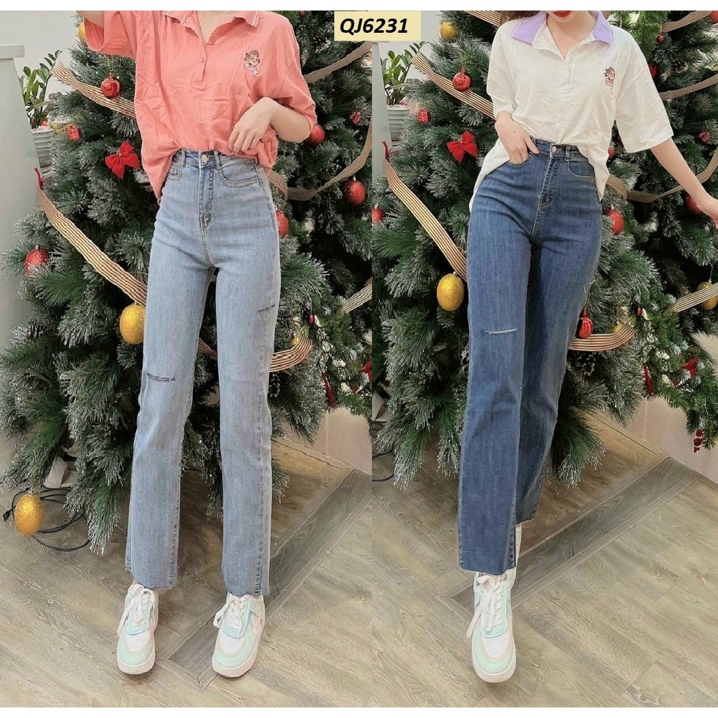 Quần jeans ống đứng rách gối lưng cao phủ rốn QJ6231