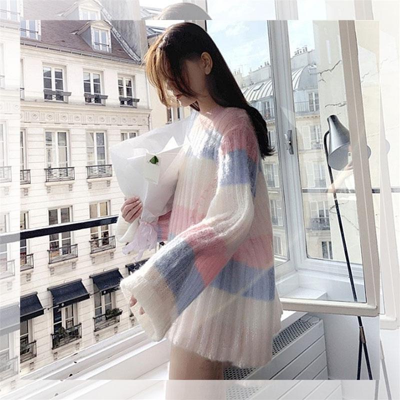 Autumn and winter Korean Rainbow Stripe loose lazy wind sweater Japanese super fairy medium long mohair sweater female