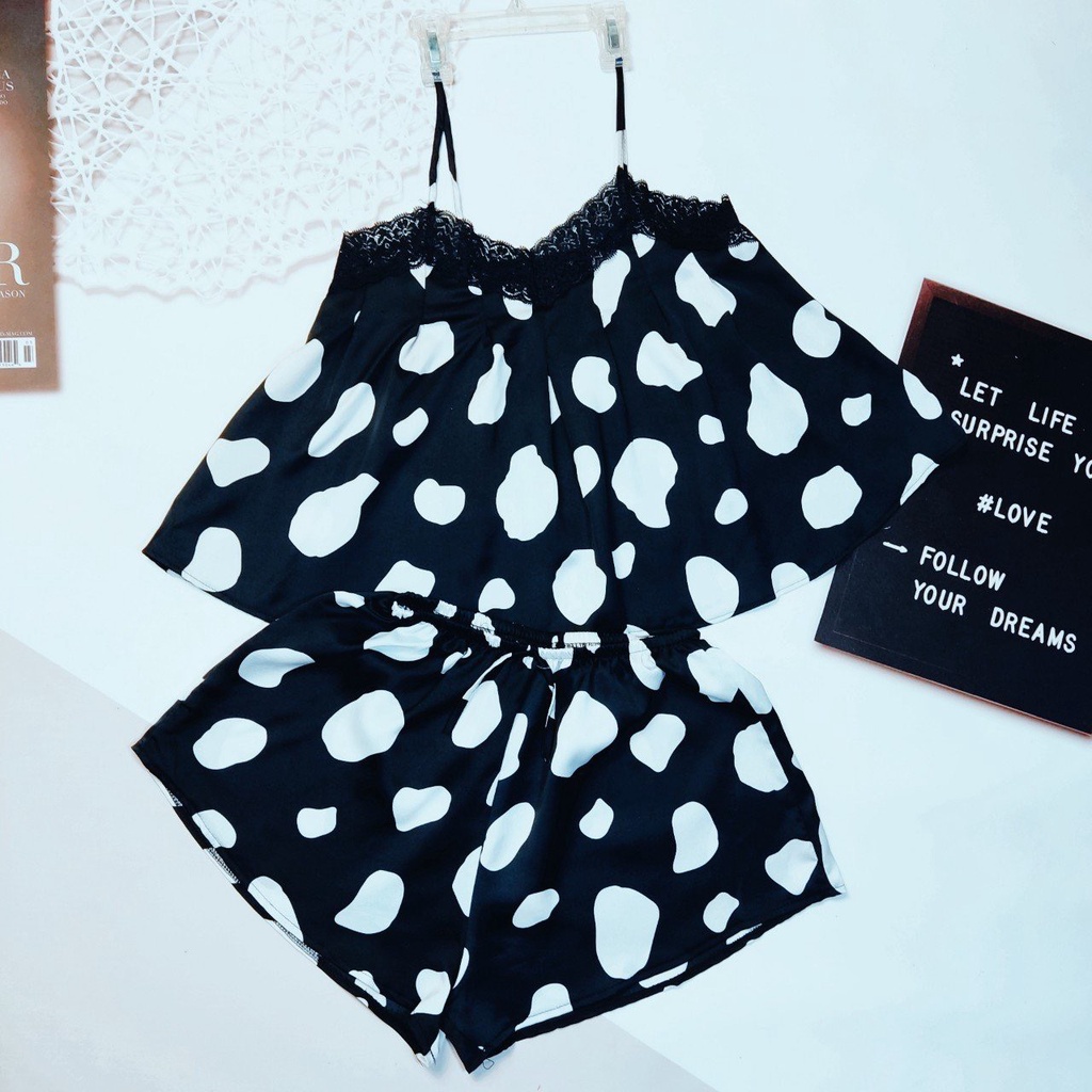 Đồ Ngủ Nữ Sexy Hai Dây Phối Ren Xếp Ly Trước Cổ Họa Tiết Bò Sữa Dễ Thương - Linqu Sleepwear