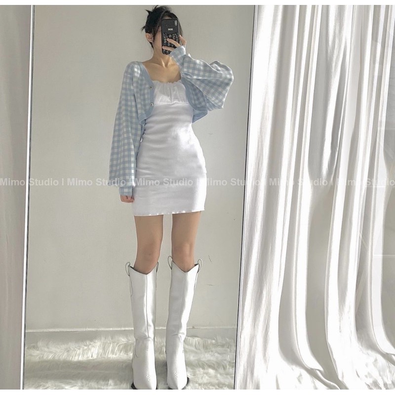 Set đầm 2 dây trắng nhún ngực kèm áo croptop khoác caro xanh biển | BigBuy360 - bigbuy360.vn