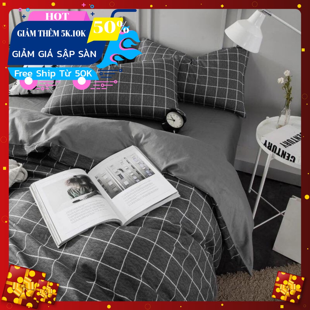 Bộ chăn ga gối cotton poly nhập khẩu kẻ xám[1m2,1m6,1m8,2m]