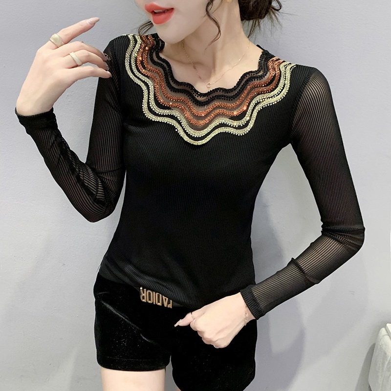 áo lưới dài tay Áo thun dài tay nữ ĐíNh Đá ThờI Trang Cho Nữ