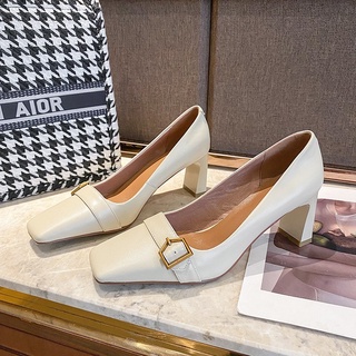 Giày cao gót Mary Jane mũi vuông loafer cao gót 7cm công sở vintage