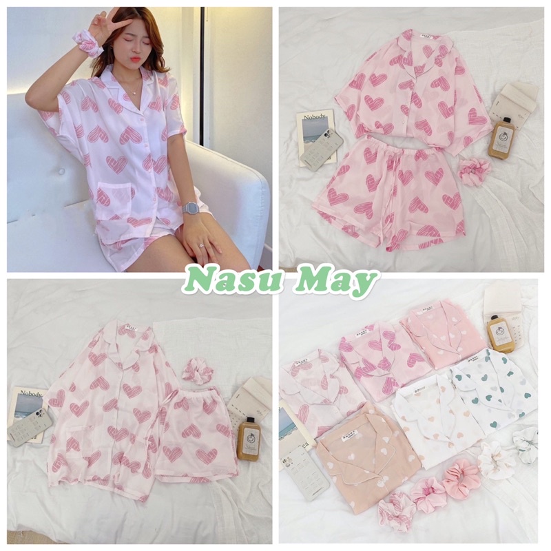 Bộ Đồ Ngủ, Set Pijama Mặc Nhà Nữ Trái Tim Xinh Xắn Mùa Hè