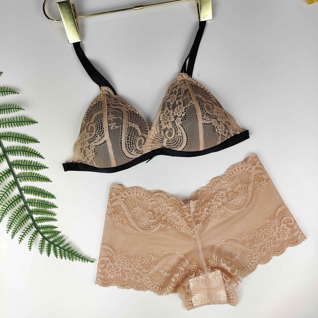 Bộ đồ lót ren sexy LL060🌈CHUYÊN SỈ🌈 hoạ tiết hoàng gia màu da không gọng mút vừa gợi cảm quần dây/đùi LAYLABRA