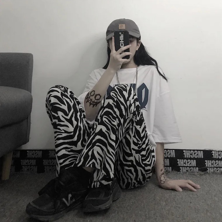 Unique baggy quần ống rộng in họa ngựa rằn ulzzang Unisex