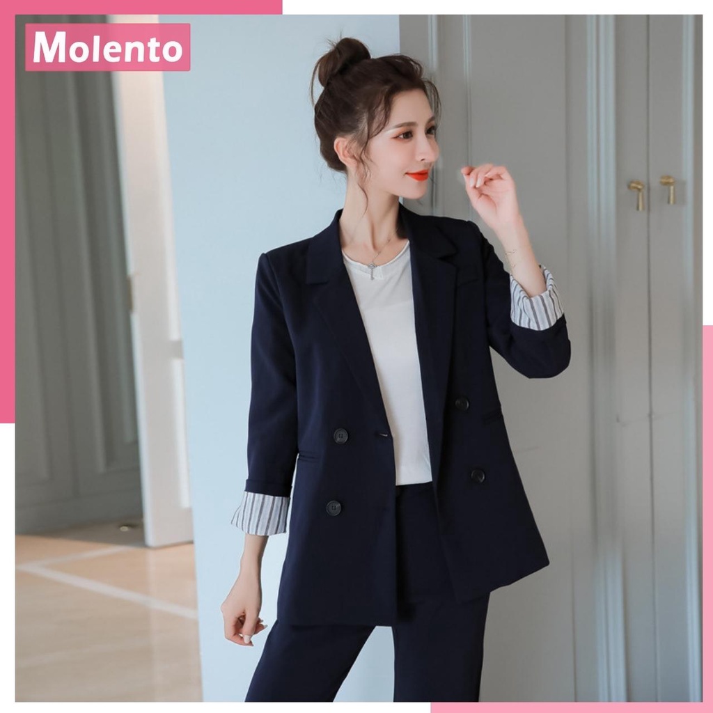 Áo Vest Nữ Blazer Khoác Ngoài 2 Lớp Dài Tay Cao Cấp Ulzzang Phong Cách Hàn Quốc Màu Đen Từ 42 đến 60kg MOLENTO M80