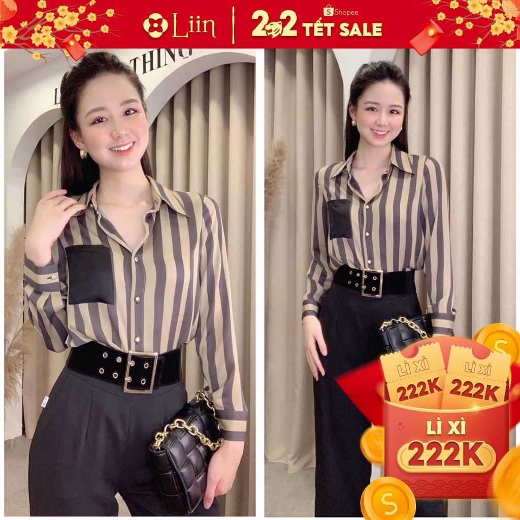 Áo sơ mi nữ dài tay Kẻ Sọc màu Nâu Đen phong cách trẻ trung, năng động Liin Clothing SM3923