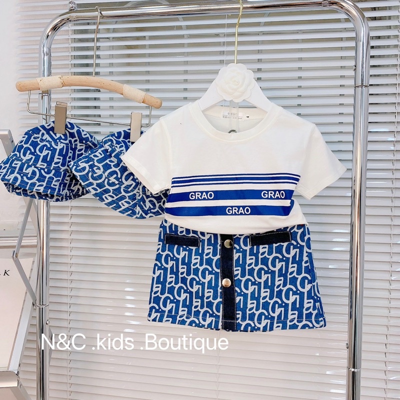 Ảnh thật - Set áo phông chân váy jean xanh kèm mũ Grao