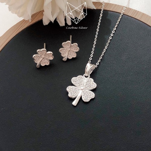 Dây Chuyền Bạc, Khuyên Tai Bạc Nữ S99 Mẫu Cỏ 4 Lá May Mắn - Trang Sức Cáo Bạc JEWELLERY