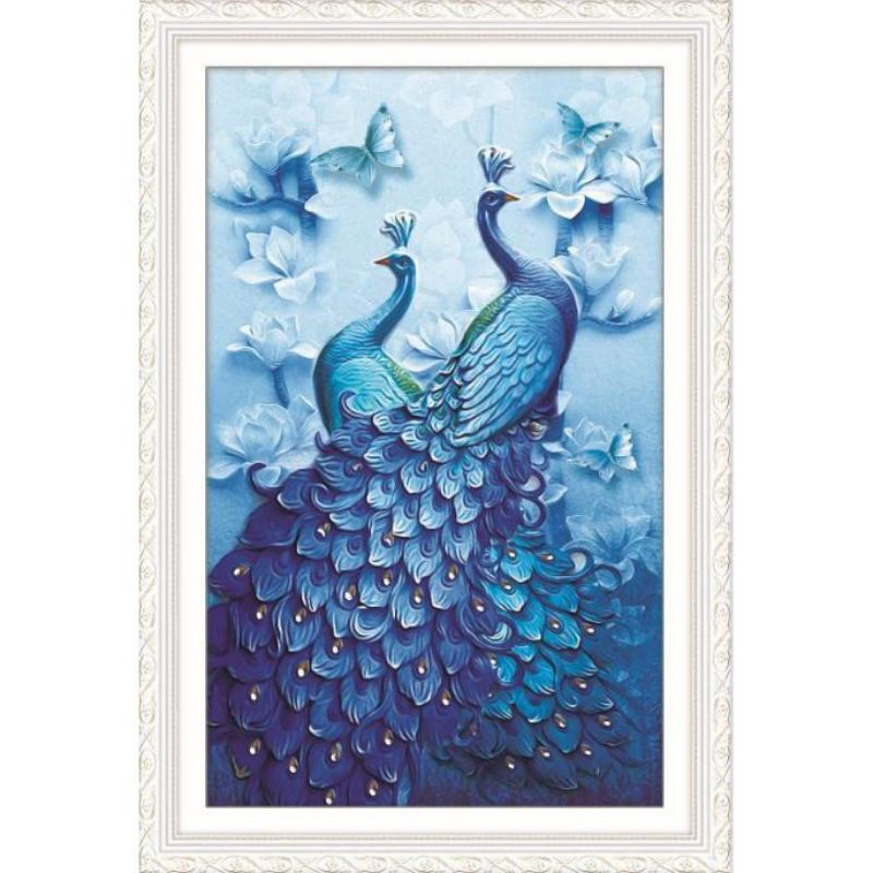 Tranh thêu chữ thập đôi chim công xanh dương 3D AIluo AL53585 |50x70| chưa thêu
