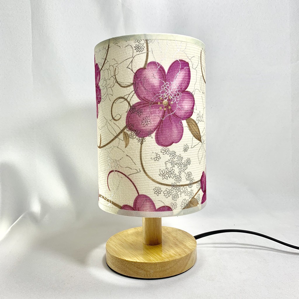 Đèn ngủ để bàn MONSKY đế gỗ, chao vải thêu hoa hồng cao cấp - Tặng kèm bóng LED chuyên dụng