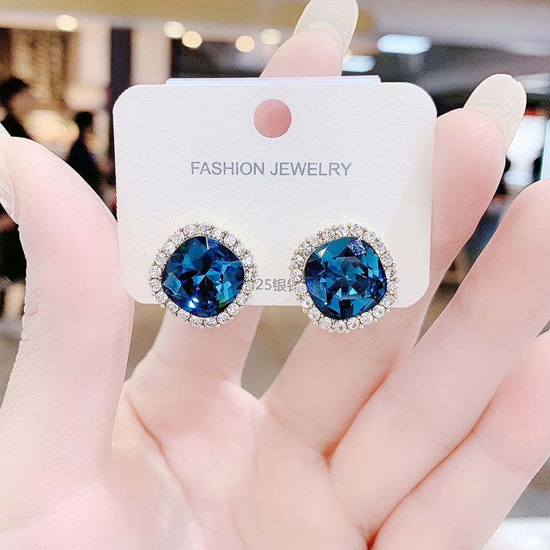 Bông Tai Thời Trang Hàn Quốc Đính Kim Cương Pha Lê Xanh Lam Siêu Lấp Lánh 925
