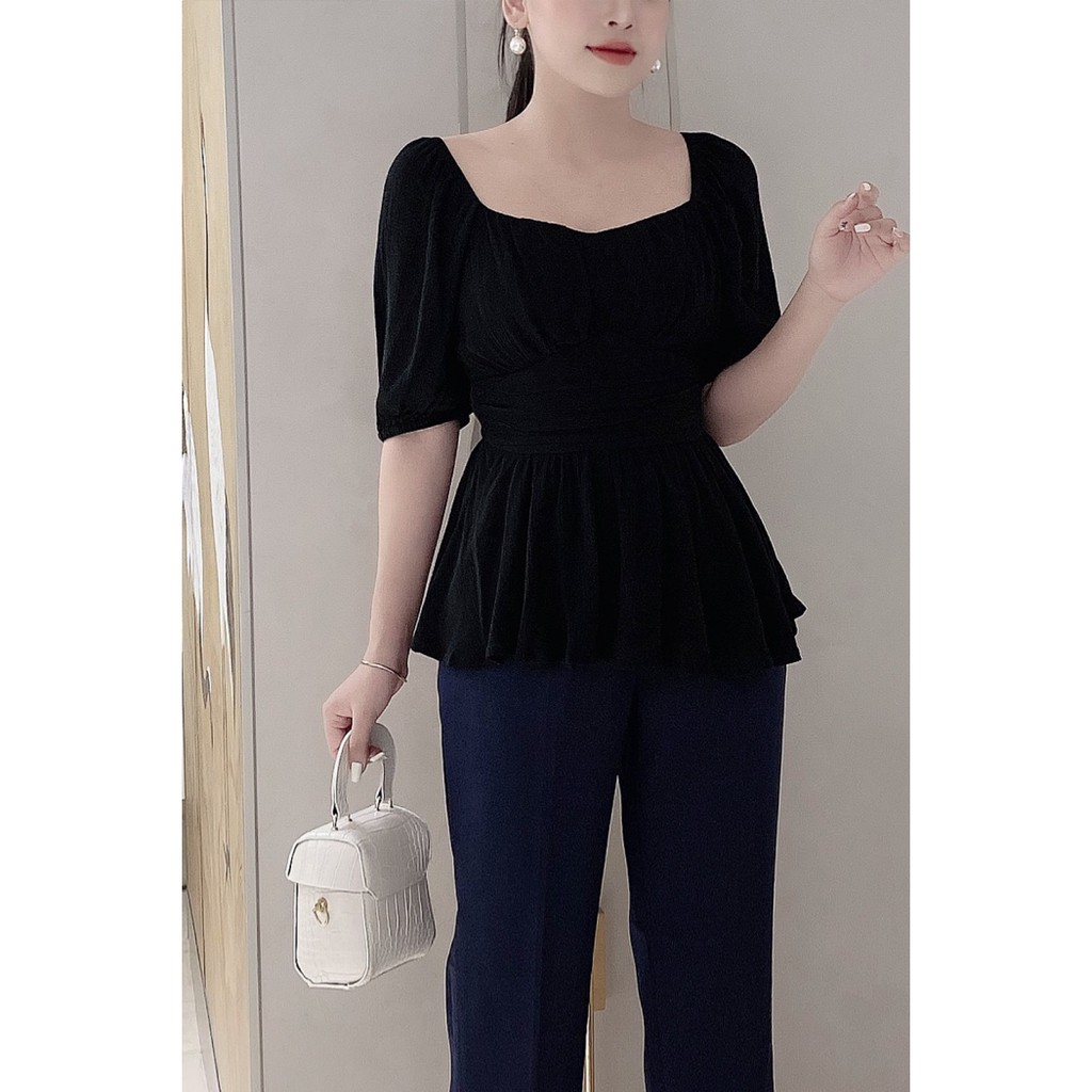 Áo sơ mi nữ ngắn tay cổ vuông nhún eo ASW0542 - 92WEAR | BigBuy360 - bigbuy360.vn