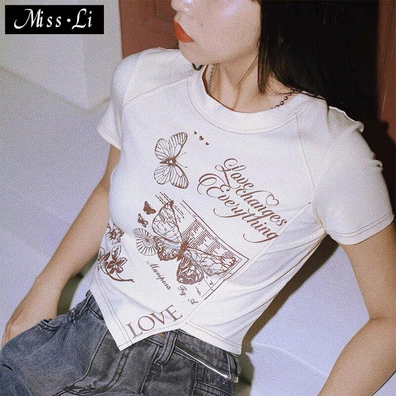 Áo Thun Ngắn Tay Lưng Cao In Họa Tiết Phong Cách Âu Mỹ Thời Trang Mùa Hè Cho Nữ