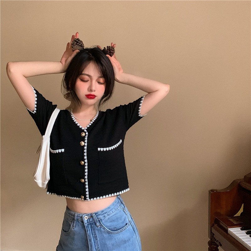 Áo Cardigan Dệt Kim Tay Ngắn Cổ Chữ V Dễ Phối Đồ