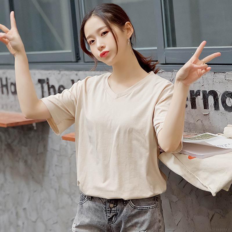 Áo thun ngắn tay cổ tim kiểu dáng đơn giản trẻ trung dành cho nữ