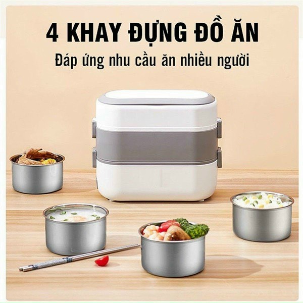Hộp cơm cắm điện 2 tầng 4 ngăn inox giữ nhiệt hâm đóng và tự nấu chín thức ăn, Cà Men Đựng Cơm Đi Làm.